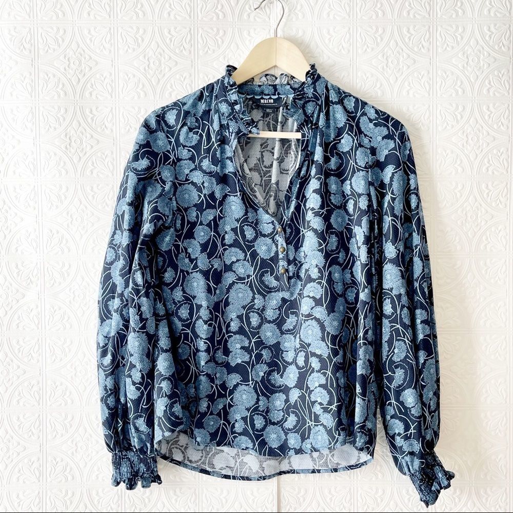 ANTHROPOLOGIE Maeve Blue Ruffle Dandelion Blouse- XS